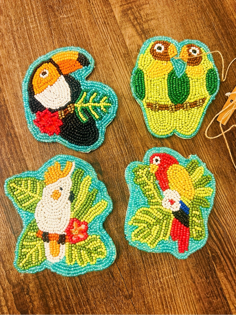 4 Beaded Tropical Bird  Coasters - Colorful Turquoise, Yellow & Red
